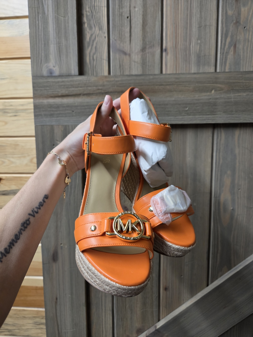 Michael Kors Orange Leather Espadrille Wedge Sandals with Gold MK Accent - Picture 1 of 3